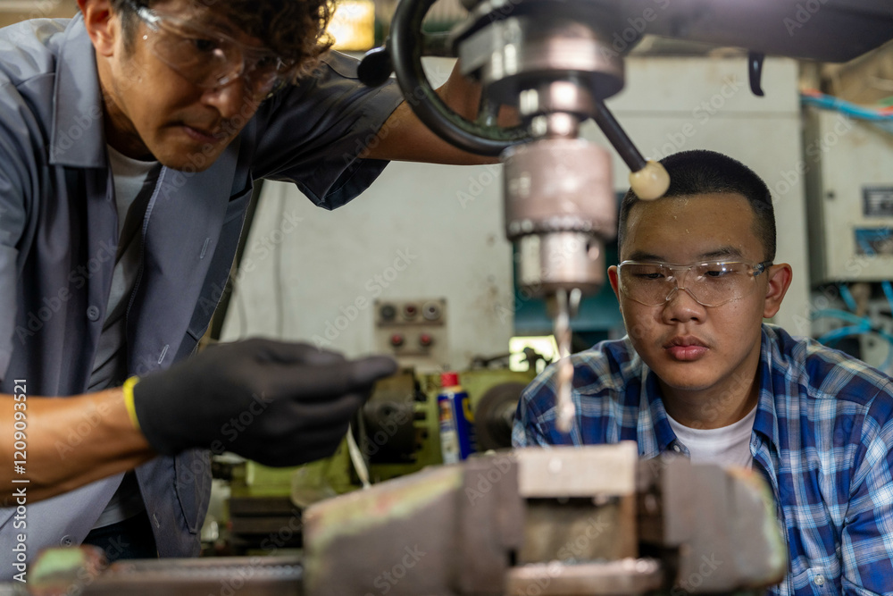 teacher and student are learning to use heavy machines in steel factory. teacher and student are learning to use heavy machines in steel factory.