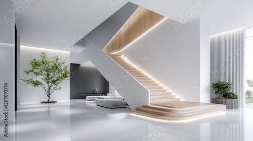 Modern home interior  staircase design  minimalist living room  bright lighting  calm atmosphere  architectural visualization for real estate