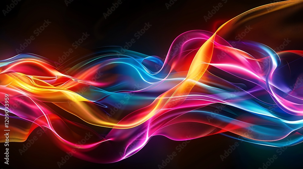 A mesmerizing abstract pattern of glowing, wavy lines in vibrant neon colors, isolated on a dark background. A mesmerizing abstract pattern of glowing, wavy lines in vibrant neon colors, isolated on a dark background.