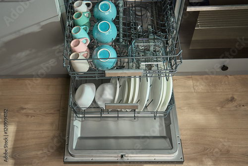 Open dishwasher in kitchen loaded clean crockery items, including white plates, bowls and cups ready for unloading. Modern home appliance