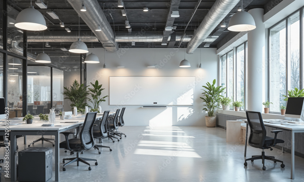 Bright and modern design studio with sleek metal desks, comfortable chairs, and plenty of natural light. Add an interactive whiteboard Bright and modern design studio with sleek metal desks, comfortable chairs, and plenty of natural light. Add an interactive whiteboard