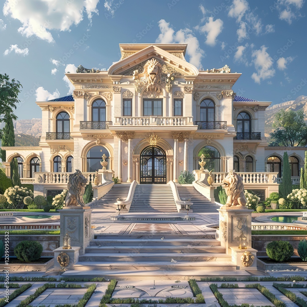 Obraz premium Grand mansion with classical architecture, lush gardens, and majestic stone lions.