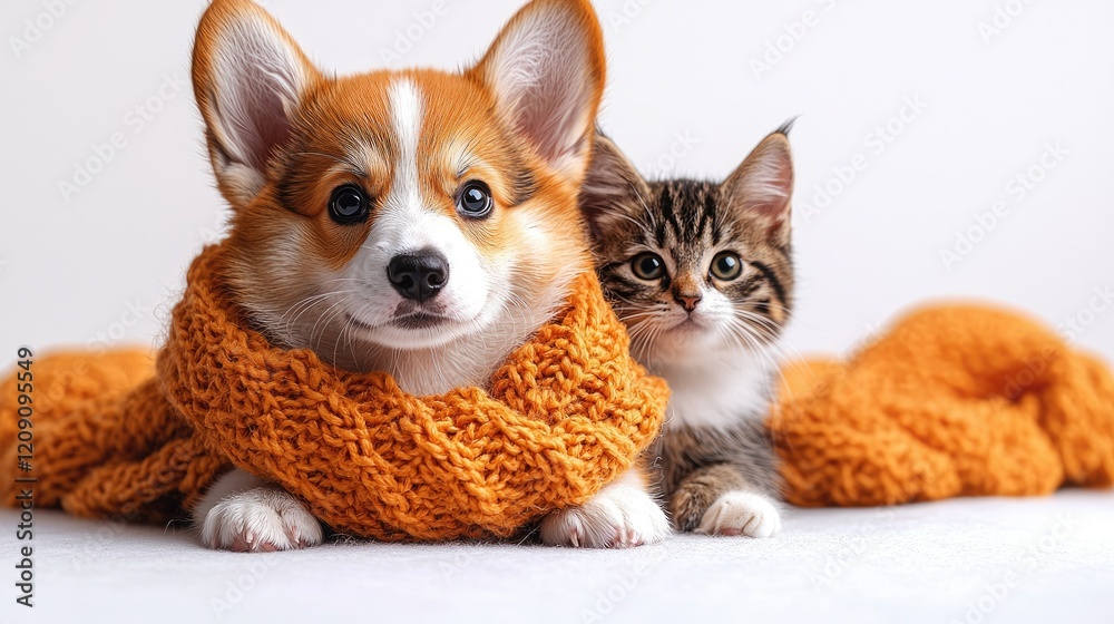 Adorable corgi puppy and kitten snuggle in orange scarf Adorable corgi puppy and kitten snuggle in orange scarf