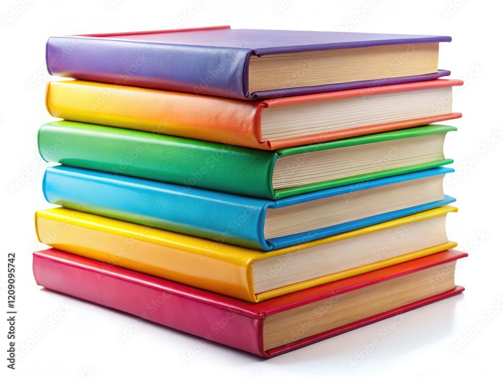 A vibrant stack of colorful books pops against a stark white background, showcasing their diverse hues. A vibrant stack of colorful books pops against a stark white background, showcasing their diverse hues.