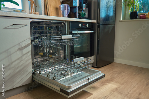 Open empty dishwasher with empty racks and extended basket in modern kitchen ready for loading. Home appliance