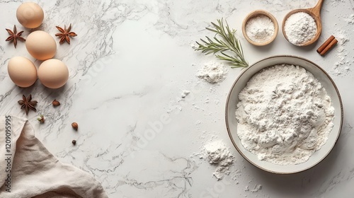 Homemade Cooking Ingredients on Marble Surface with Eggs, Flour, and Natural Herbs for Authentic Dishes photo