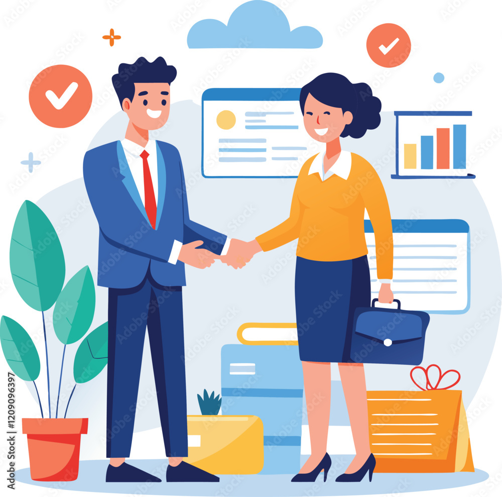 Fototapeta premium People shaking hands at work - Two businesspeople, man and woman doing handshake in office at work while smiling over business agreement and deal. Flat design stock illustration on white background