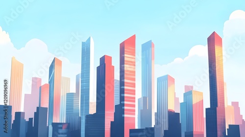 A stylized cityscape with pastel colored skyscrapers and clouds