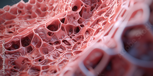 A close-up view of intricate pink organic structures resembling a microscopic cross-section of tissue or bone, symbolizing complexity and the beauty of biological patterns.