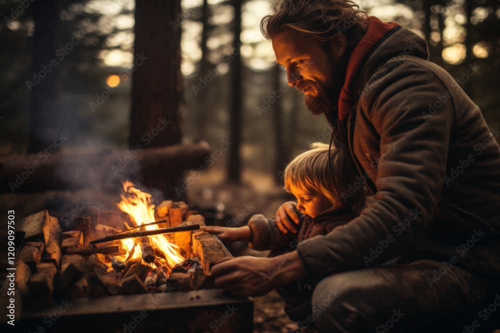 Fototapeta premium family camping holiday, father and son near a barbecue with a fire, together on an overnight hike