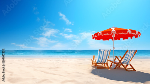 A peaceful beach scene with two deck chairs under a red umbrella, facing the calm ocean. The clear blue sky and soft sand enhance the serene atmosphere, perfect for relaxation and unwinding.