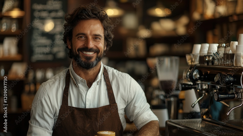 Portrait of a Barista in a Cozy Coffee Shop Wearing an Apron While Serving Delicious Coffee with a Smile Portrait of a Barista in a Cozy Coffee Shop Wearing an Apron While Serving Delicious Coffee with a Smile