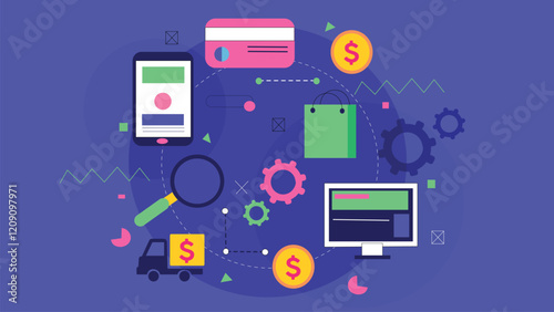 Digital payment and e-commerce business concept illustration with online shopping and financial transactions.