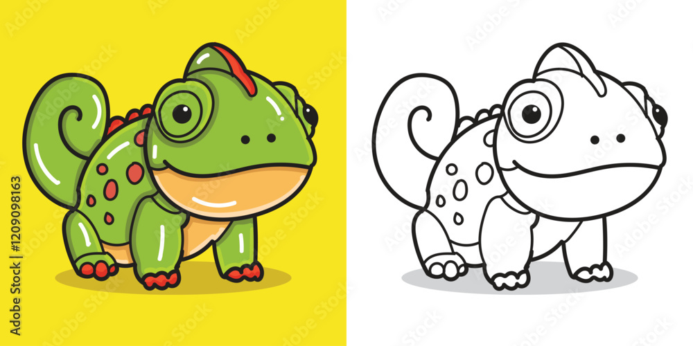 Obraz premium A cute cameleon doll cartoon illustration for a sticker, design element, or coloring book element
