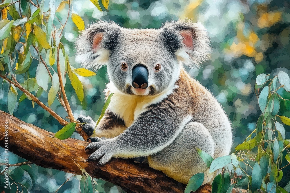 Fototapeta premium Koala perched on eucalyptus branch surrounded by leaves in serene outdoor setting