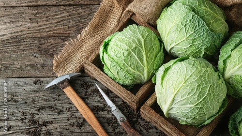Organic products from sustainable agriculture Concept. Fresh green cabbages in a wooden crate on rustic table.