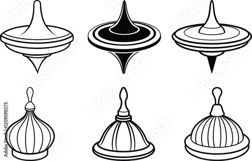 Whipping or Spinning top toy Silhouette vector illustration set, Whipping or Spinning top toy line art vector, Whipping or Spinning top toy vector design