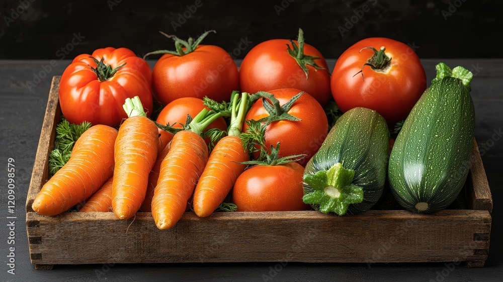 Organic products from sustainable agriculture Concept. Fresh vegetables in a wooden crate on a dark background Organic products from sustainable agriculture Concept. Fresh vegetables in a wooden crate on a dark background