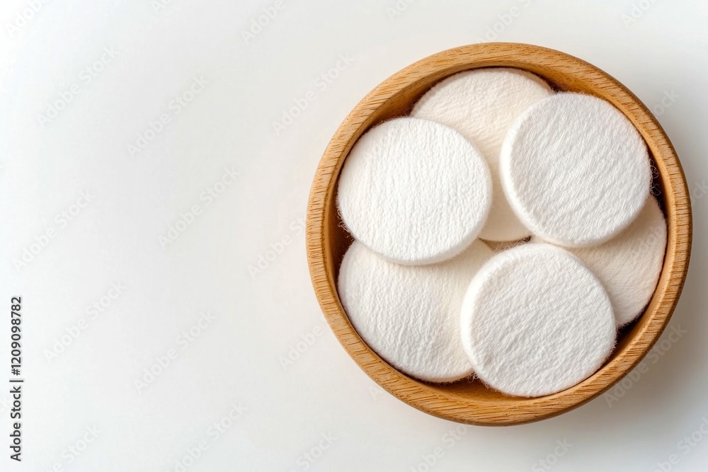 Eco-friendly products concept. Cotton pads in a wooden bowl on a light background. Eco-friendly products concept. Cotton pads in a wooden bowl on a light background.
