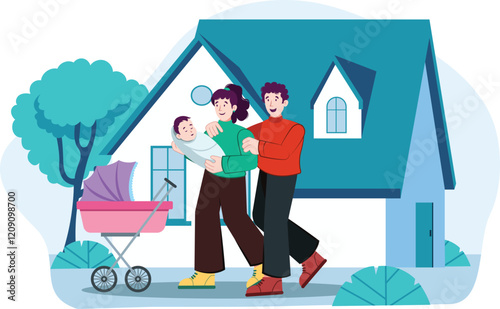 Family illustration featuring a baby in a stroller outside their home.