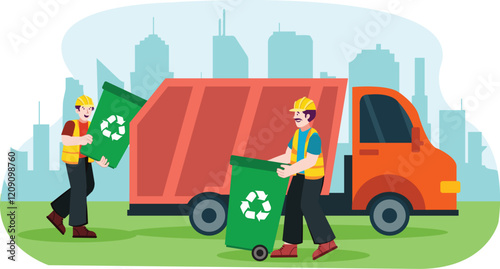 Garbage recycling service illustration featuring workers and a recycling bin.