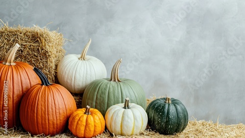 Organic products from sustainable agriculture Concept. Colorful pumpkins arranged with hay on a rustic background. photo