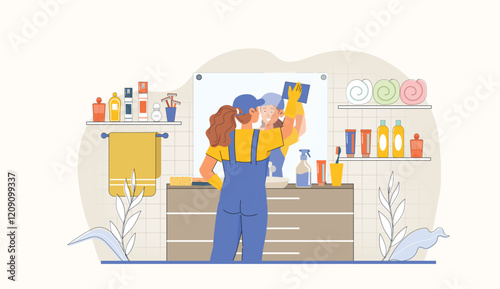 Housekeeping service illustration featuring mirror cleaning and bathroom supplies.