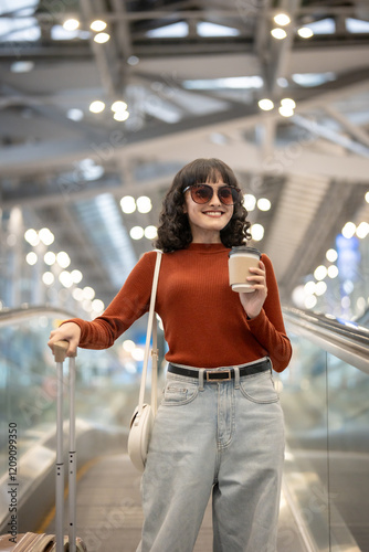 Asian young woman passenger walk in airport terminal to boarding gate. 