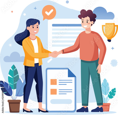 People shaking hands at work - Two businesspeople, man and woman doing handshake in office at work while smiling over business agreement and deal. Flat design stock illustration on white background