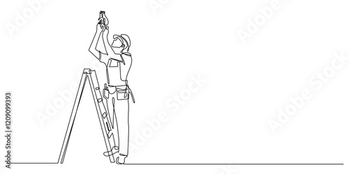 electrician continuous line.one line drawing of male electrical worker installing light bulbs with ladder.single line vector illustration.isolated white background