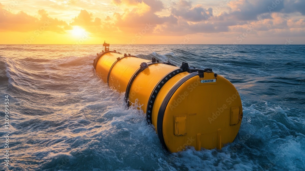 Bright Yellow Ocean Buoy Floating on Waves During Vibrant Sunset with Dramatic Cloud Formation, Capturing Tranquility and Nature's Beauty in Coastal Waters Bright Yellow Ocean Buoy Floating on Waves During Vibrant Sunset with Dramatic Cloud Formation, Capturing Tranquility and Nature's Beauty in Coastal Waters