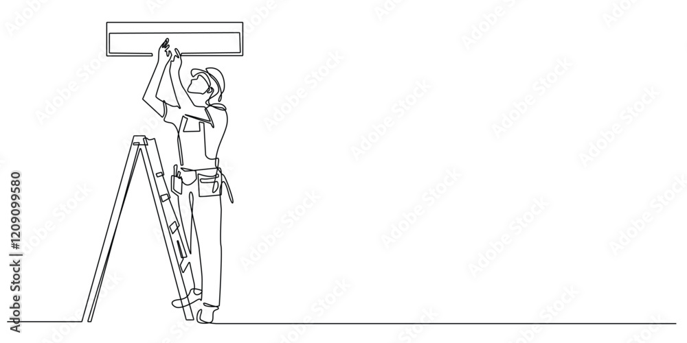 continuous line of AC repairman.one line drawing of man working repairing AC by climbing ladder.single line vector illustration.isolated white background continuous line of AC repairman.one line drawing of man working repairing AC by climbing ladder.single line vector illustration.isolated white background