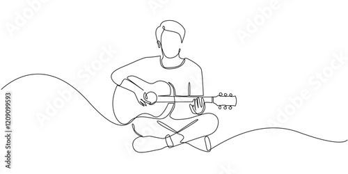 continuous line of young man playing guitar.one line drawing of man relaxing sitting on the floor and playing guitar.single line vector illustration of guitarist.isolated white background