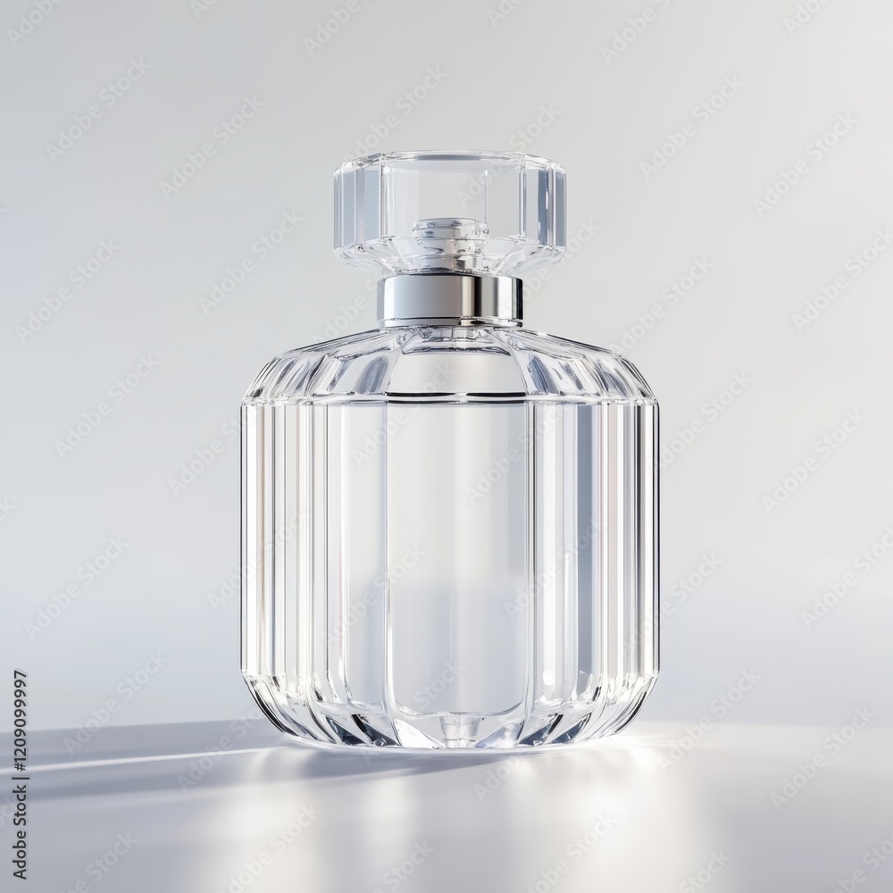 A luxurious, colorless fragrance bottle displayed prominently in an elegant, high-end room. The fragrance sits on a premium table with a mirror and other unspecified cosmetics. A luxurious, colorless fragrance bottle displayed prominently in an elegant, high-end room. The fragrance sits on a premium table with a mirror and other unspecified cosmetics.