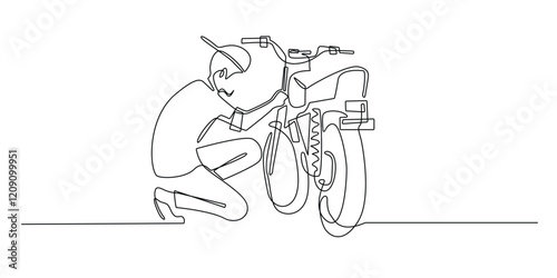 continuous line of man repairing motorbike.one line drawing of motorbike technician.single line of motorbike mechanic.isolated white background
