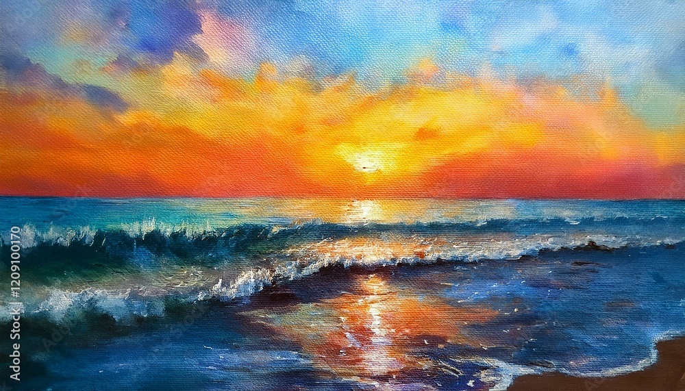 Oil painting of the sea, multicolored sunset on the horizon, watercolor Oil painting of the sea, multicolored sunset on the horizon, watercolor