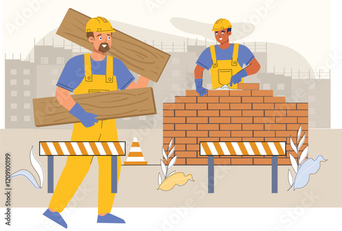 Construction workers carrying wood and building a sturdy brick wall illustration.