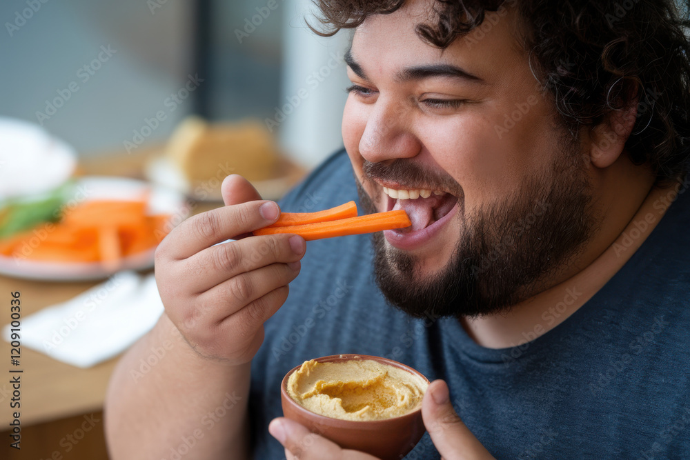 Plus-size man eating carrot sticks and hummus with joy Plus-size man eating carrot sticks and hummus with joy