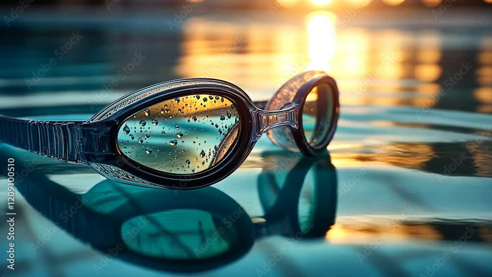 Swimming Goggles Floating in Pool at Sunset Swimming Goggles Floating in Pool at Sunset