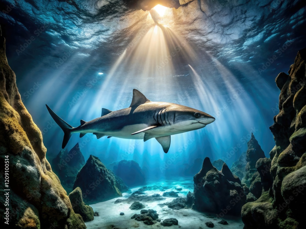 Obraz premium Deep ocean predator: a lone tiger shark patrols its underwater canyon.