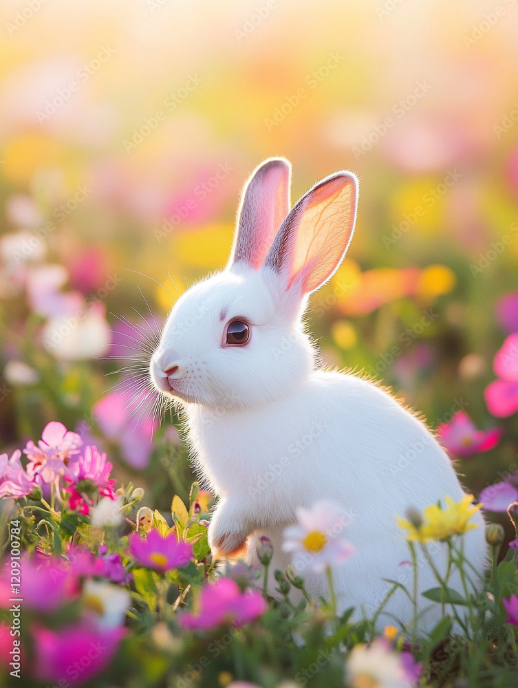 Fototapeta premium 春の花の中で遊ぶうさぎ Generated image