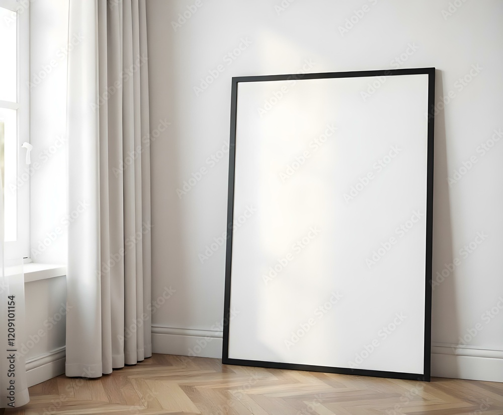 A blank black-framed picture frame leaning against a wall in a room with light-colored walls. There are sheer curtains beside the frame, allowing soft light to enter.