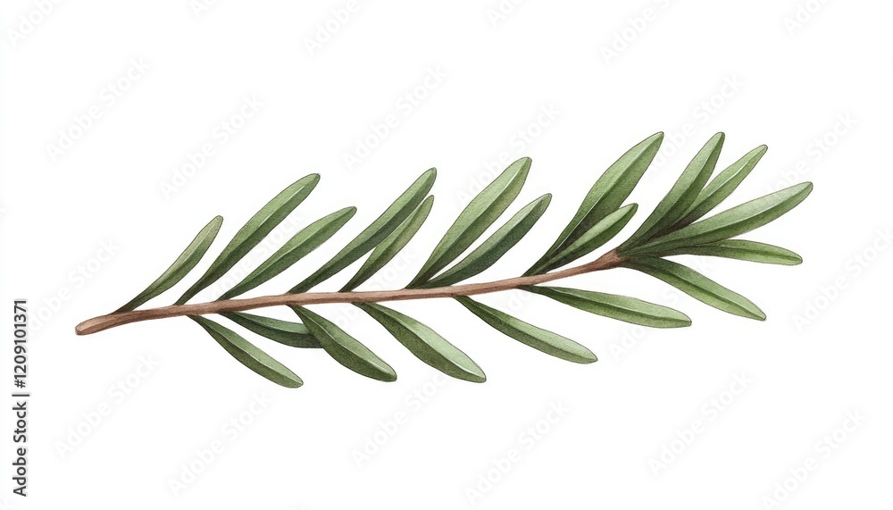A detailed illustration of a green olive branch with multiple leaves, set against a plain white background A detailed illustration of a green olive branch with multiple leaves, set against a plain white background