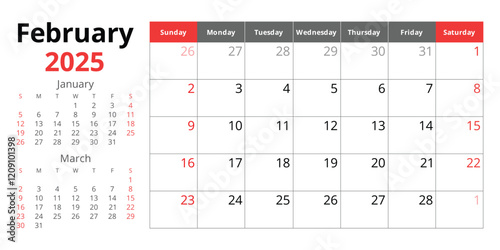 2025 february calendar. A vector English monthly. Winter month. Design Sunday start