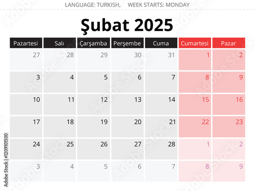 Turkish calendar for february 2025 - takvim. Vector illustration for winter month Turkey