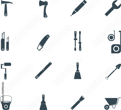 Vector Icon Set - paint roller vector, repair key, wrench, hand saw, spatula, paving, axe, busket, cutter