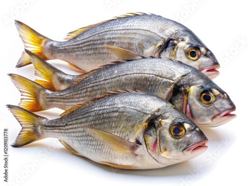 Fresh sea bream, whole fish group, isolated on white.  Culinary, seafood photography.