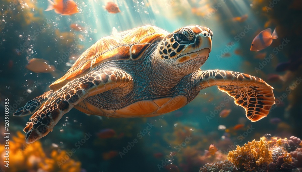 Fototapeta premium Sea Turtle Gliding Through Vibrant Coral Reef Underwater Scene with Colorful Fish and Marine Life