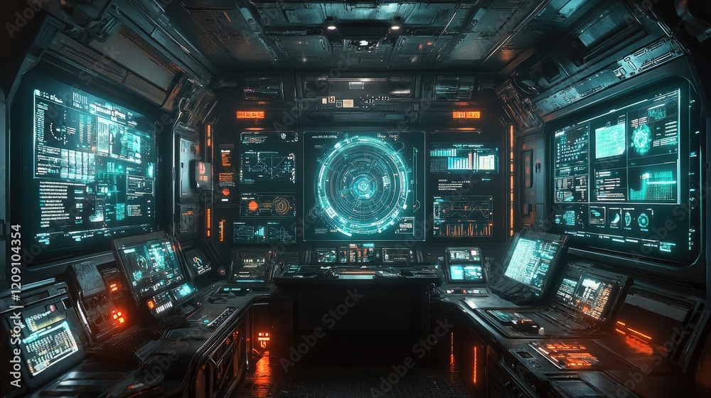 Futuristic spaceship bridge; monitoring systems; cosmos backdrop; sci-fi film Futuristic spaceship bridge; monitoring systems; cosmos backdrop; sci-fi film