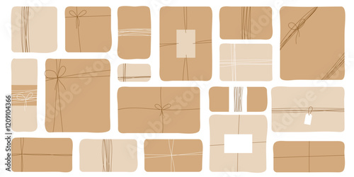 Flat vector illustration of a gift box with craft wrapping and a white and brown bow on white background.